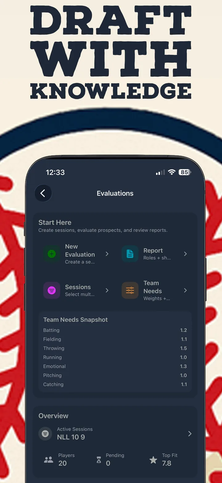 Pitch Tracker screen showing player evaluations